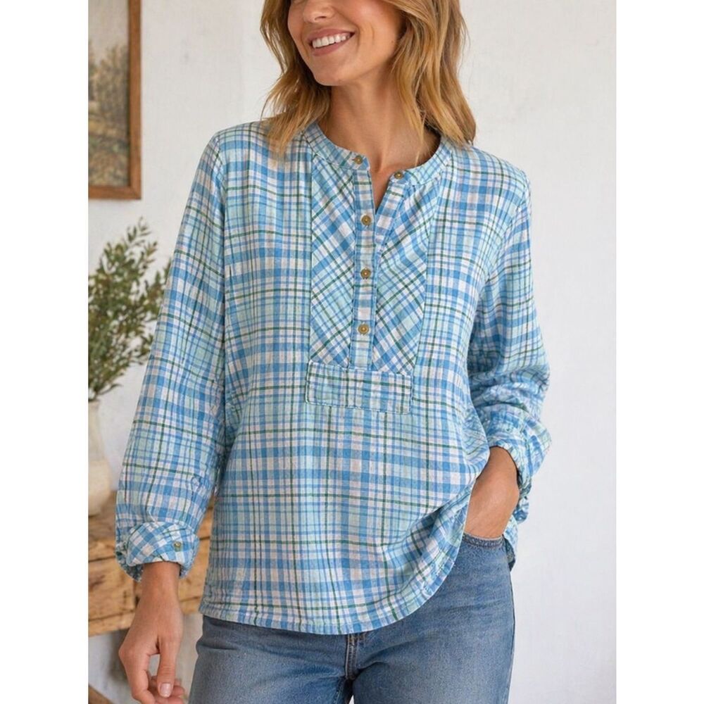 Vermont Country Store Blue Plaid Cotton Tunic Top Long Sleeve Size L Casual